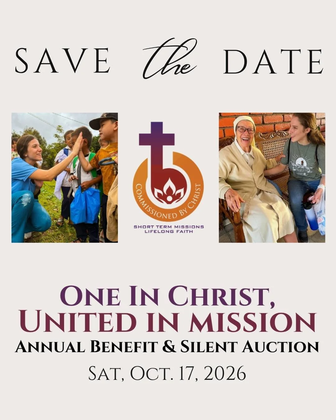 ✨ Save the Date ✨

📅 October 18, 2026

Join us for the Commissioned by Christ Annual Benefit:
One in Christ. United in Mission.

An evening of faith, community, and impact you won&rsquo;t want to miss.

🎟️ Tickets are available now:
https://commiss