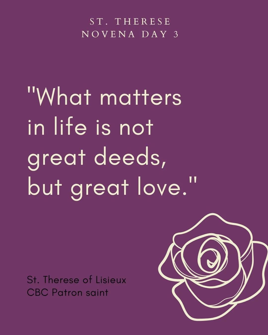 St. Therese Novena - Day Three

Dearest Saint Therese of Lisieux, you said that you would spend your time in heaven doing good on earth.

Your trust in God was complete. Pray that He may increase my trust in His goodness and mercy as I ask for the fo