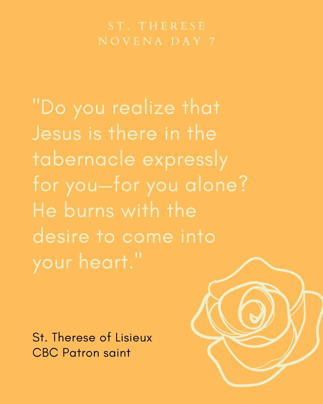 St. Therese Novena - Day Seven

Dearest Saint Therese of Lisieux, you said that you would spend your time in heaven doing good on earth.

Your trust in God was complete. Pray that He may increase my trust in His goodness and mercy as I ask for the fo