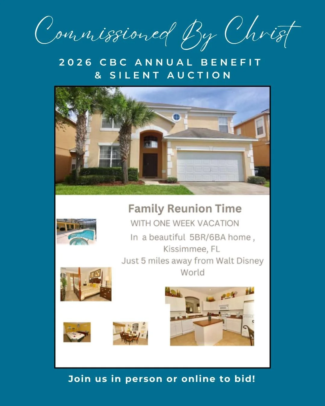 Join us in person (or bid online) for this amazing week long home rental in Florida!

https://cbchrist2026.ggo.bid/n/package/15210382