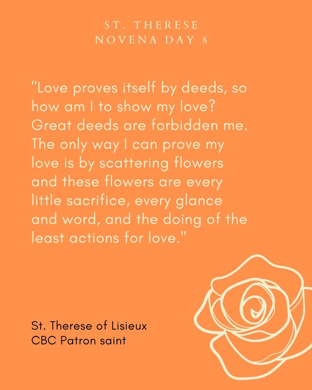 St. Therese Novena - Day Eight

Dearest Saint Therese of Lisieux, you said that you would spend your time in heaven doing good on earth.

Your trust in God was complete. Pray that He may increase my trust in His goodness and mercy as I ask for the fo