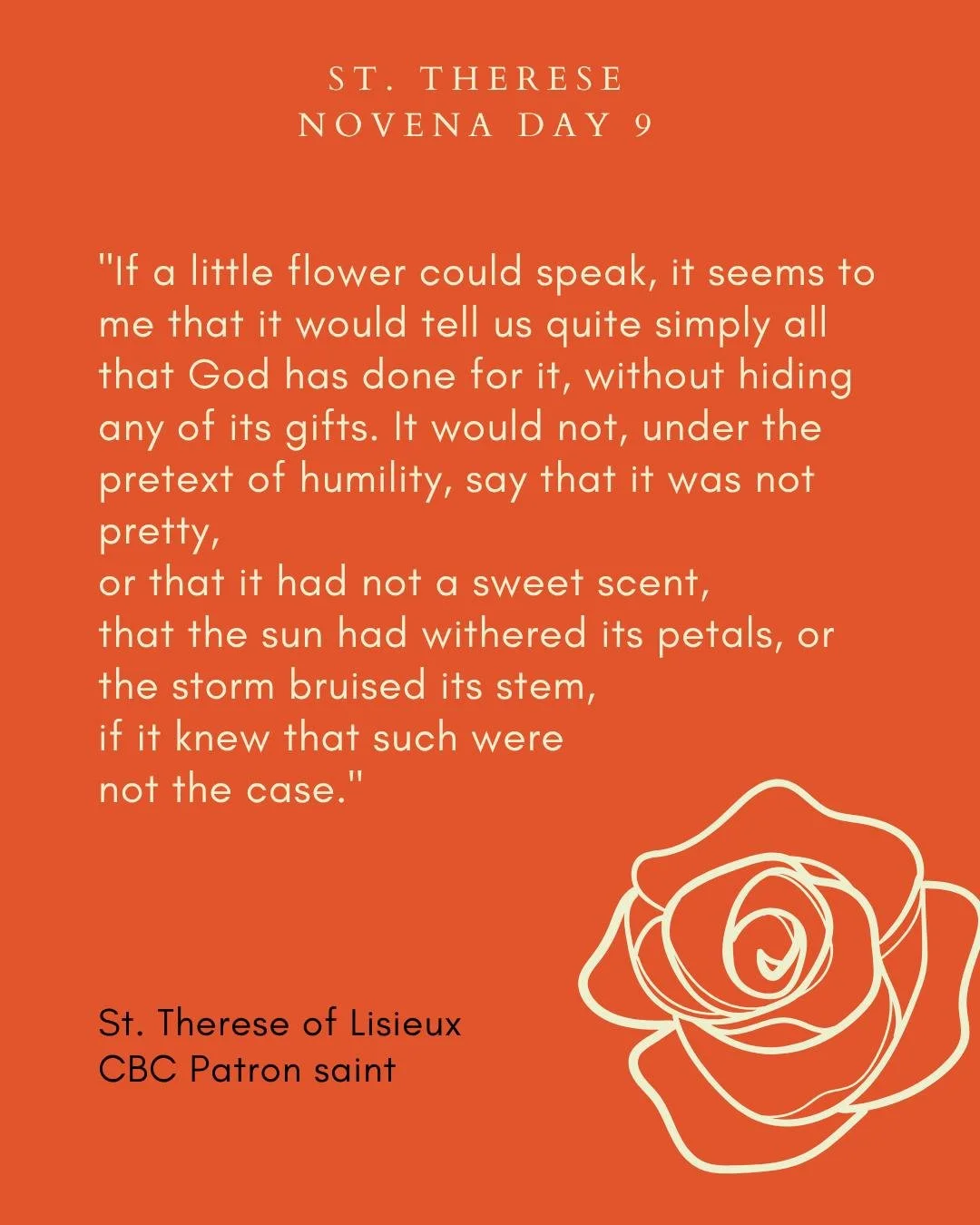 St. Therese Novena - Day Nine

Dearest Saint Therese of Lisieux, you said that you would spend your time in heaven doing good on earth.

Your trust in God was complete. Pray that He may increase my trust in His goodness and mercy as I ask for the fol
