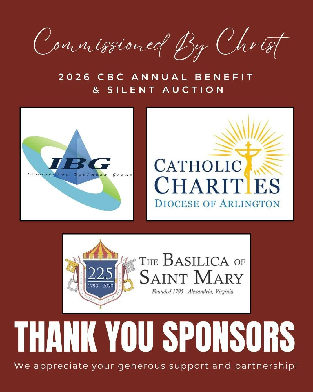 We are deeply grateful to our Annual Benefit sponsors&mdash;Catholic Charities of the Diocese of Arlington, Innovative Business Group, and the Basilica of Saint Mary&mdash;for supporting CBC and our mission to form missionary disciples.

Join us for 