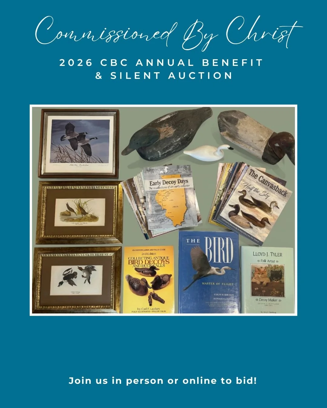 A unique collection with something for everyone! Discover a fascinating mix of working duck decoys, a decorative swan, beautiful antique Audubon lithographs, a signed Canada geese print, vintage books and magazines, and more. 
Whether displayed, coll