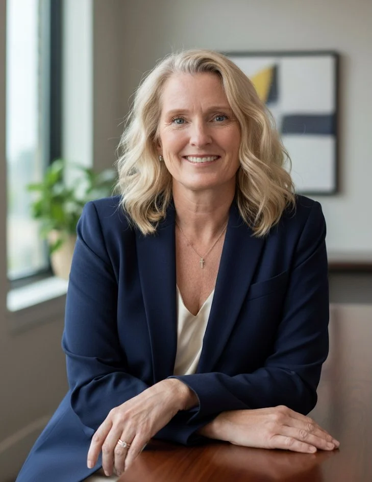 Portrait of a smiling woman with blonde hair, wearing a blue top and pearl necklace, against a gray background.