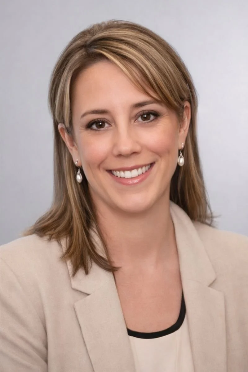 A woman smiling, wearing a lanyard and blazer, sitting indoors with shelves in the background.