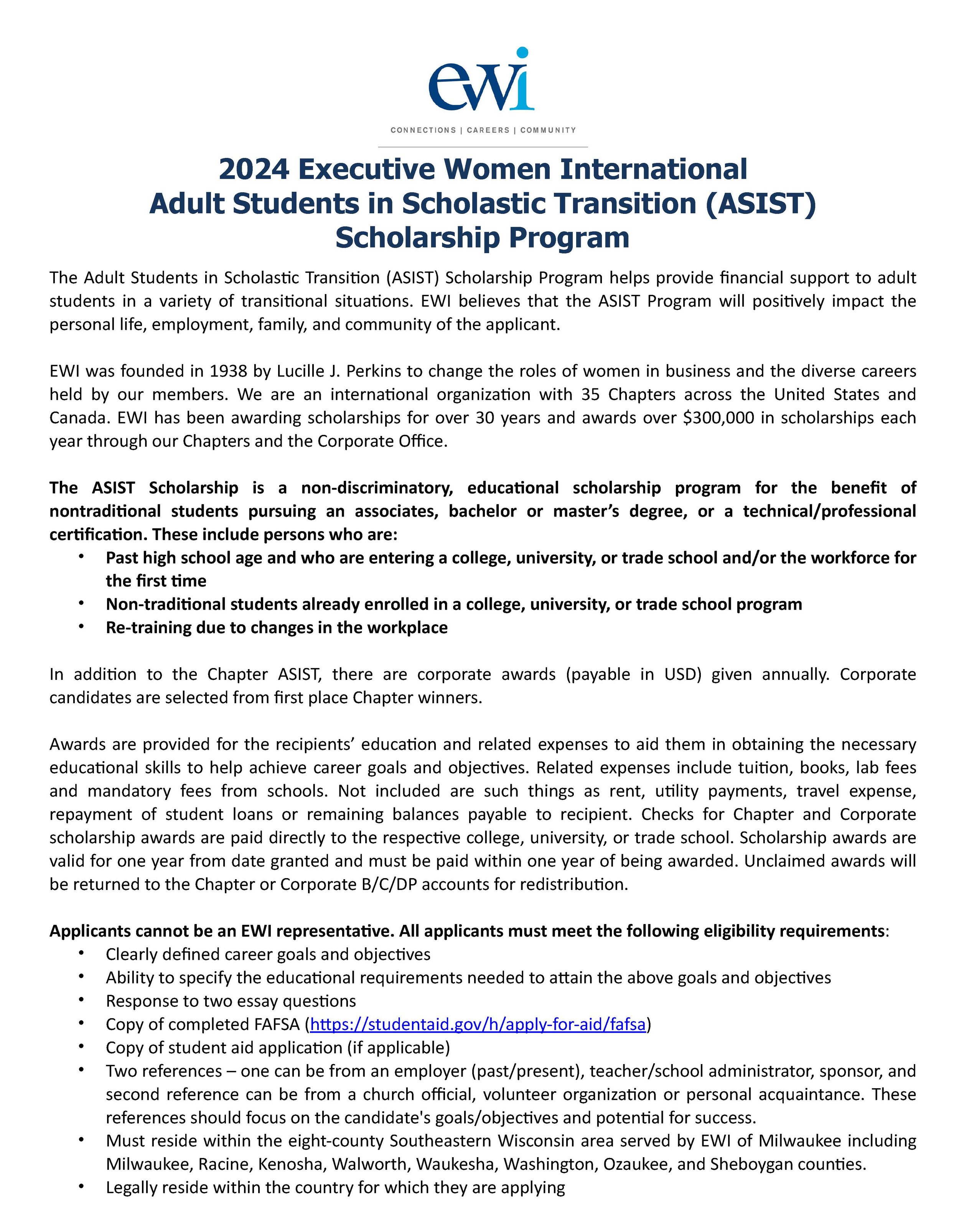 Adult Students in Scholastic Transition (ASIST) Scholarship — EWI of