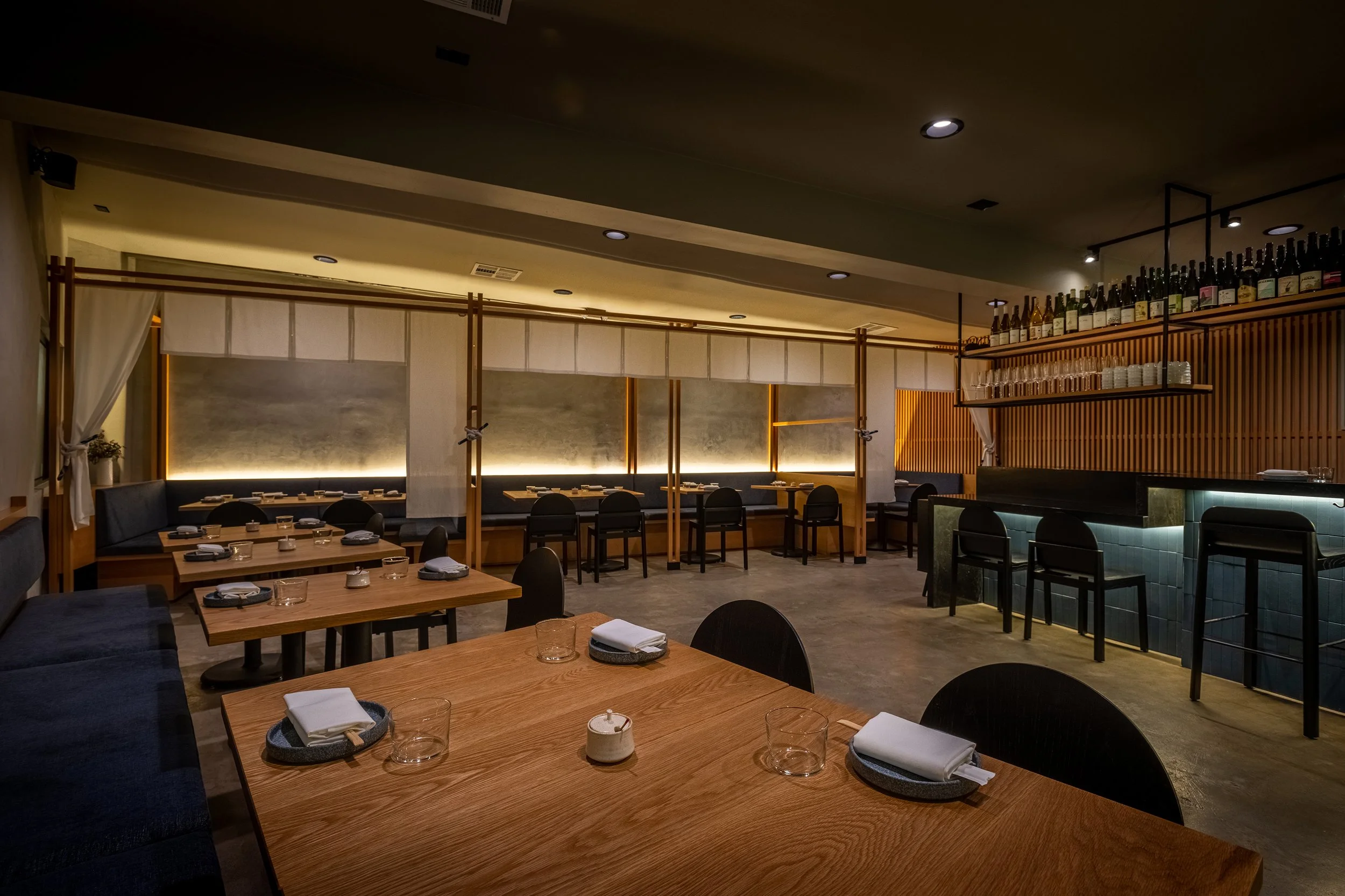 n/soto dining room in Los Angeles, CA. Japanese izakaya with cocktail bar owned by Chefs Niki and Carole Nakayama of n/naka.