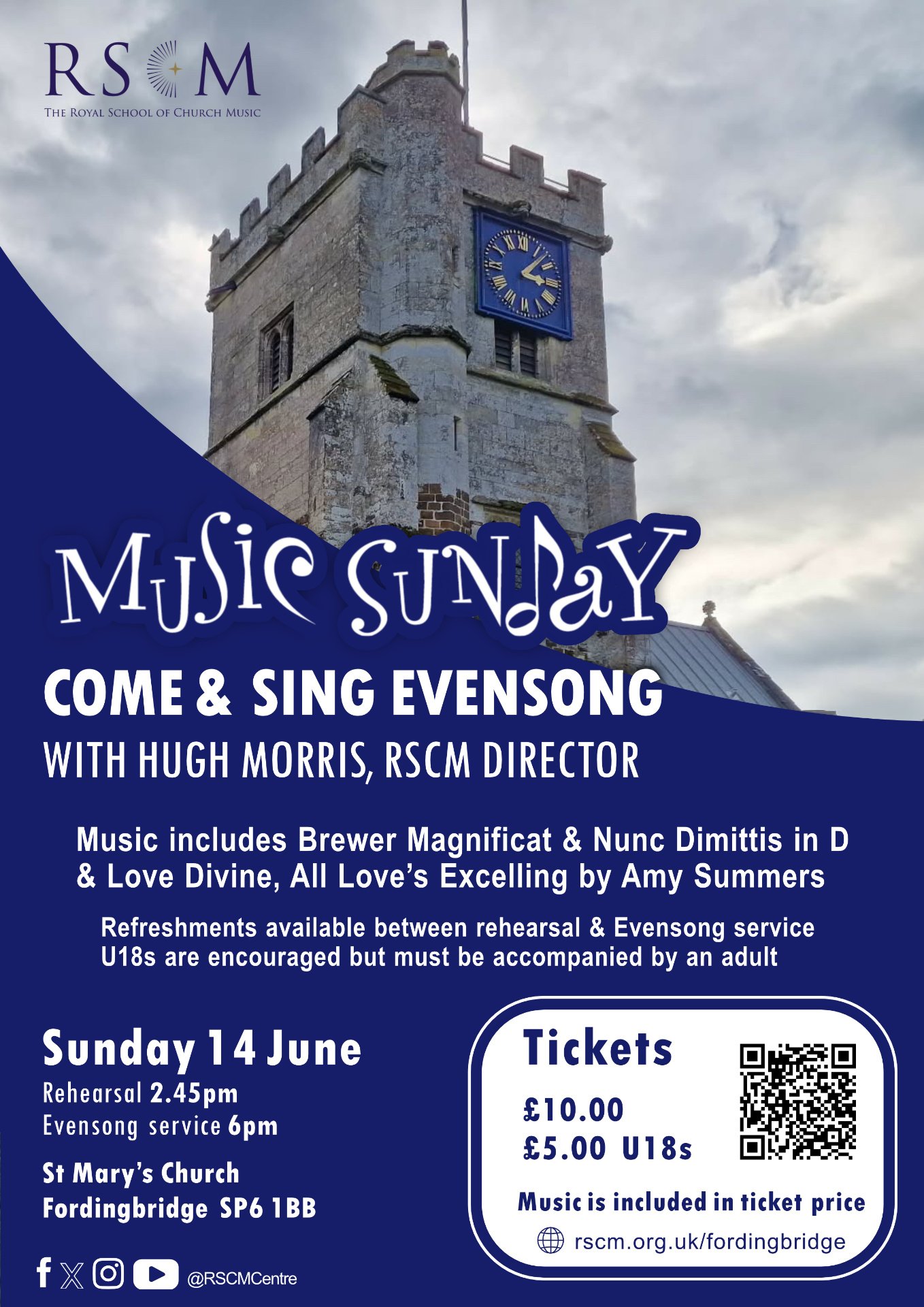 Poster with an image of St Mary's Church, Fordingbridge. It explains an upcoming event on June 14th 2026 for 'Come and sing Evensong'