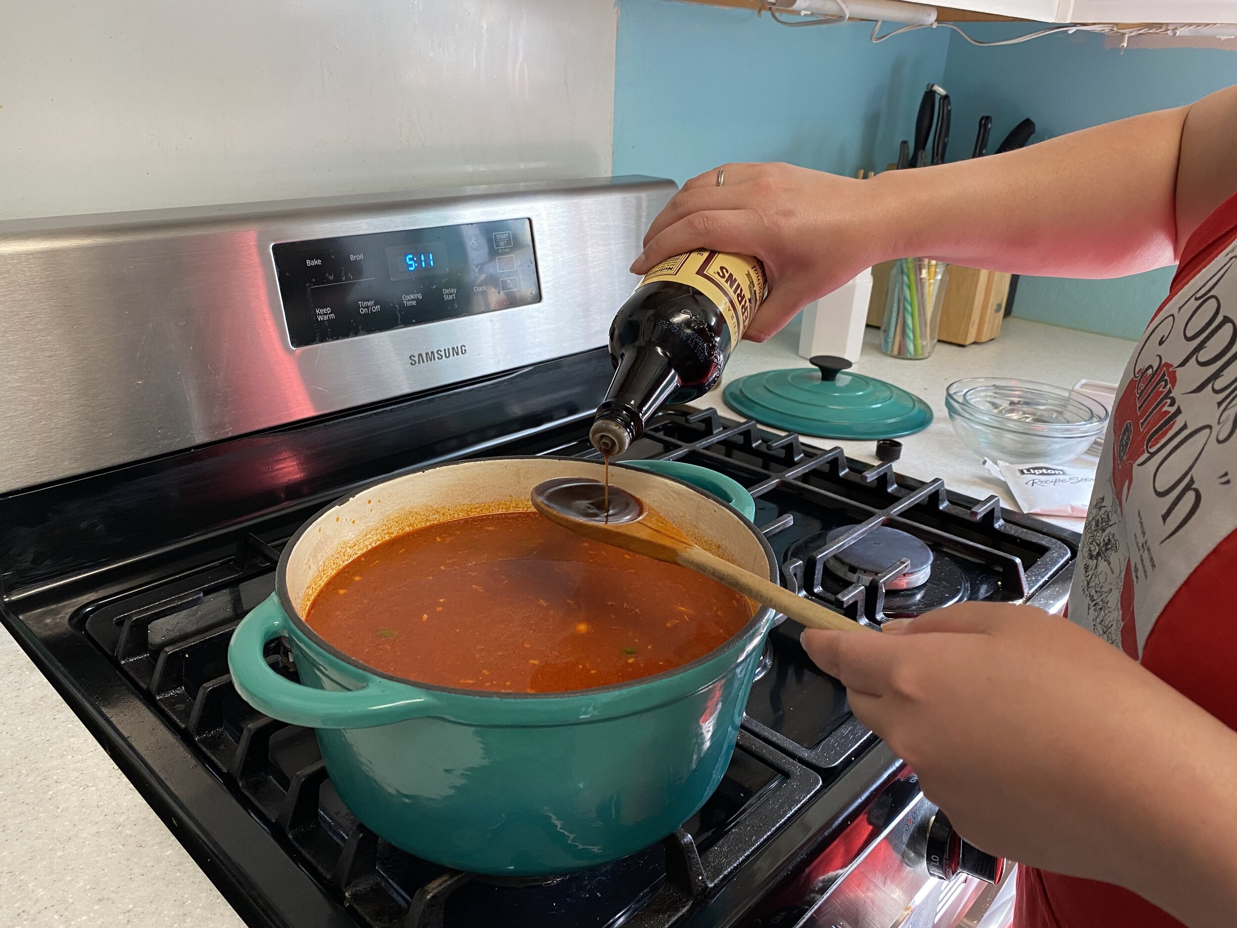 Add the Worcestershire sauce. My wooden spoon holds about a tablespoon of liquid, so that’s the measuring spoon I use.