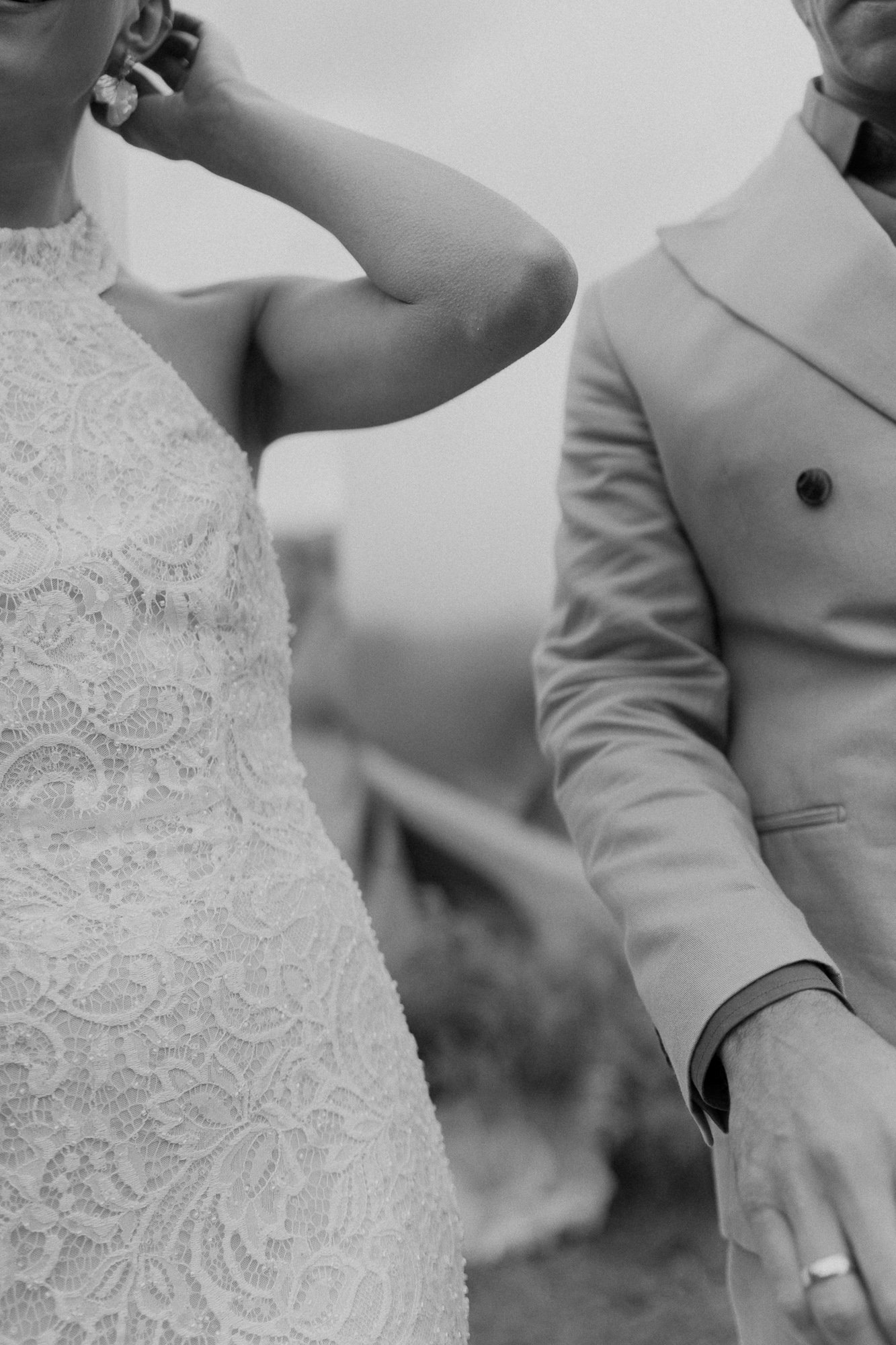 Black and white close-up of bride and groom, intimate moment — documentary wedding photography Cappadocia