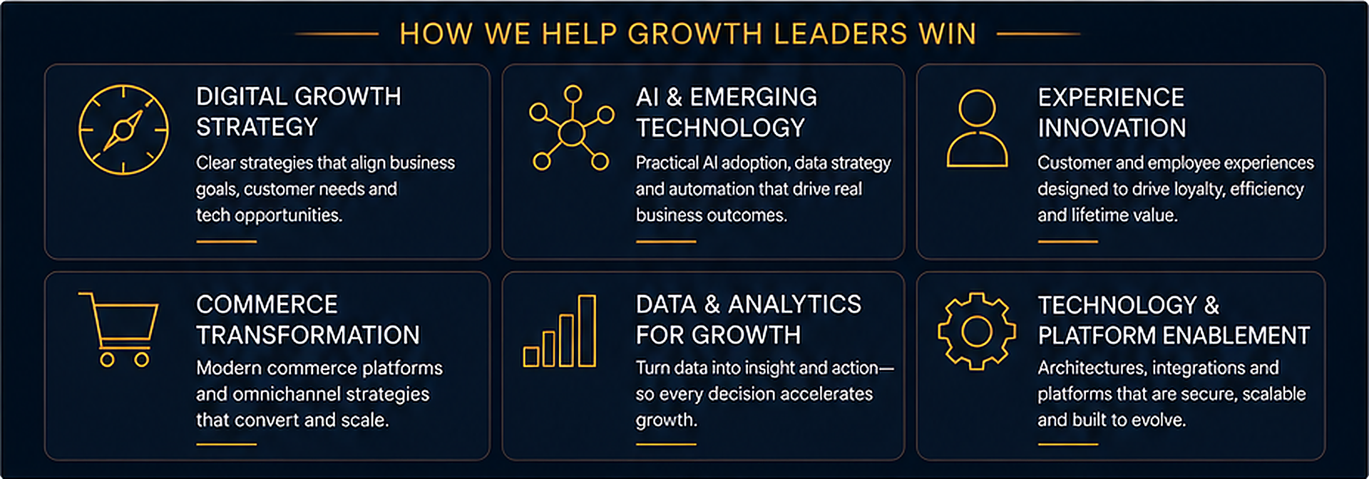 Digital Growth, AI & Emerging Tech, Experience Innovation, Commerce transformation, daa & Analytics for growth