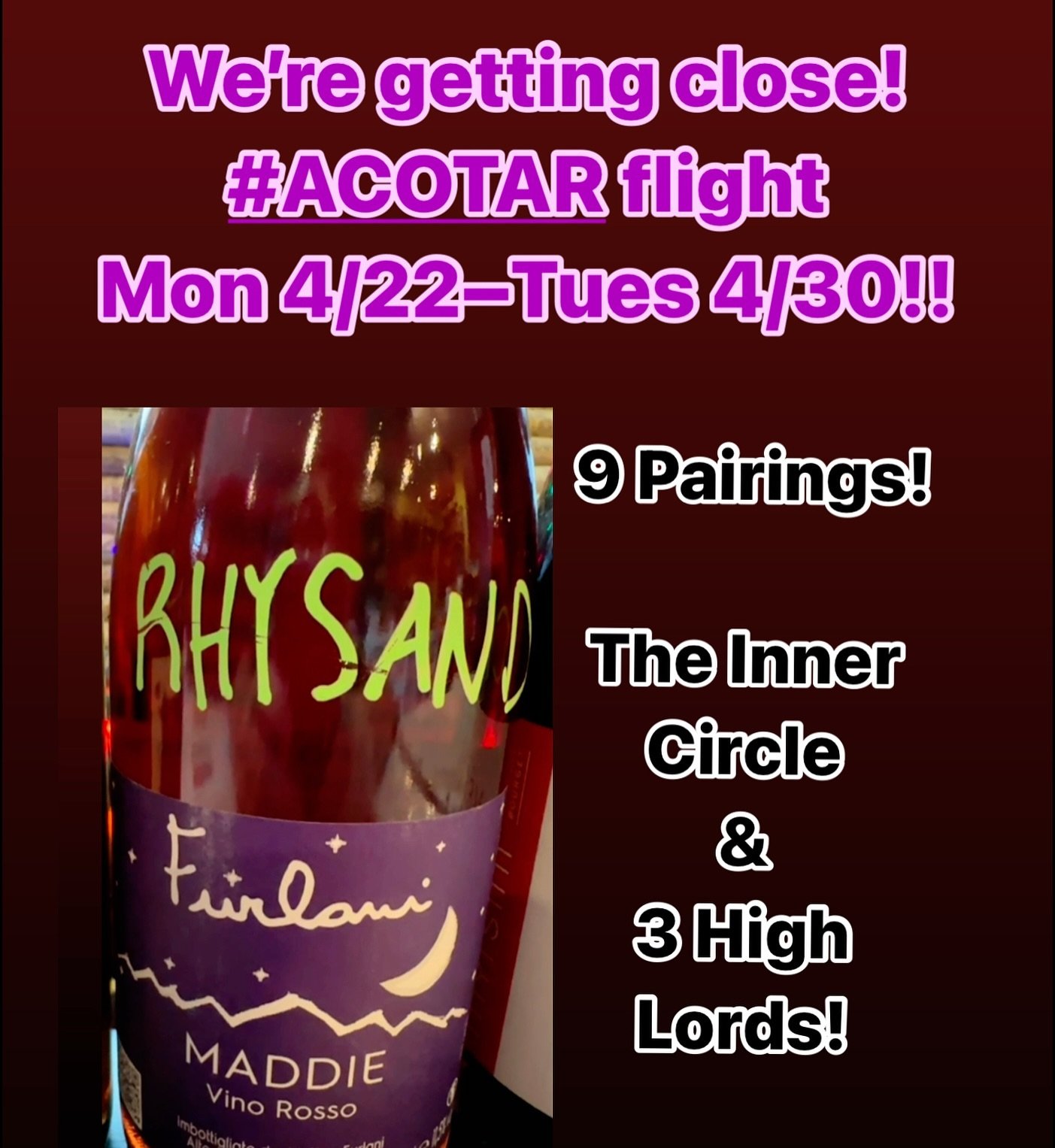 9 pairings inspired by #feyre #rhysand #cassian &amp; 6 others from #sjm #acotar 

If u attended our #pdxevent in February, this #wine tasting adventure includes 8 new wines &amp; 5 new characters!!

We&rsquo;ll also be offering a bonus pour to #tayl