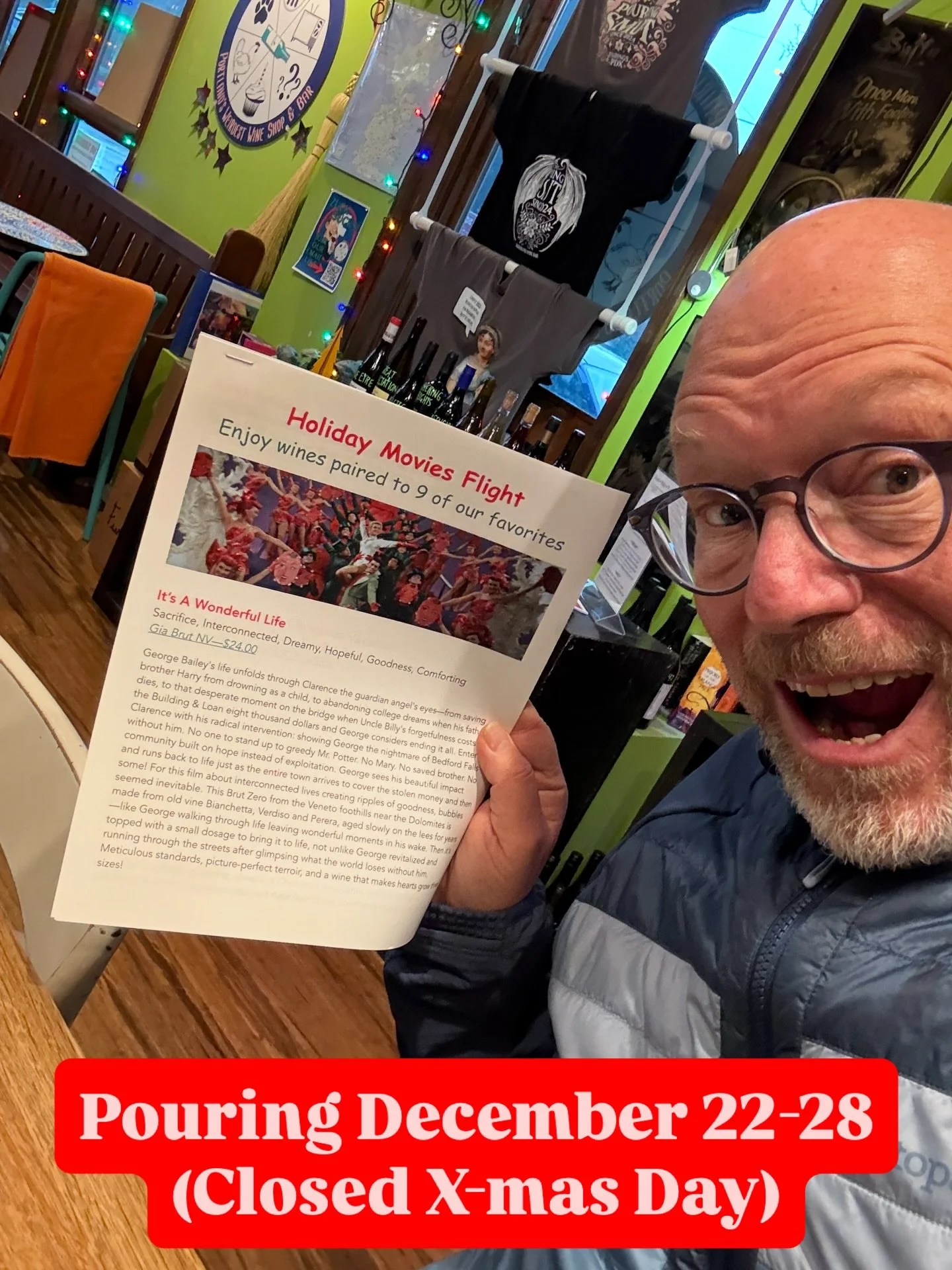 From Dec 22-28, bring your family &amp; friends to wines paired to 9 favorite holiday movies covering different generations &amp; styles where there&rsquo;s something for everyone!! 9 wines to try in a flight or just enjoy a glass or two. Pairings in