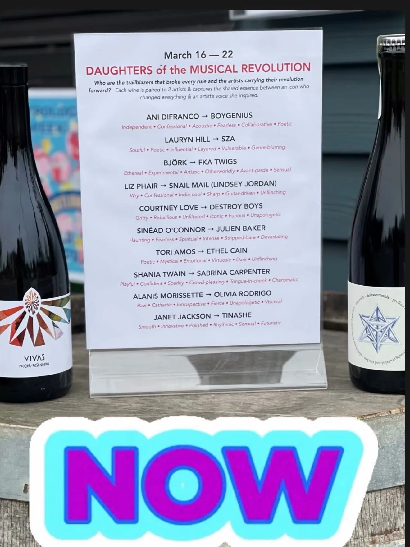 &ldquo;Daughters of the Musical Revolution&rdquo; flight from
3/16 to 22 &mdash;10 pairings for $50 to try em all!

&mdash;Powerhouse creative pairings of the musical lineage of fearless women who refused to play it safe!!
&mdash;Who are the trailbla