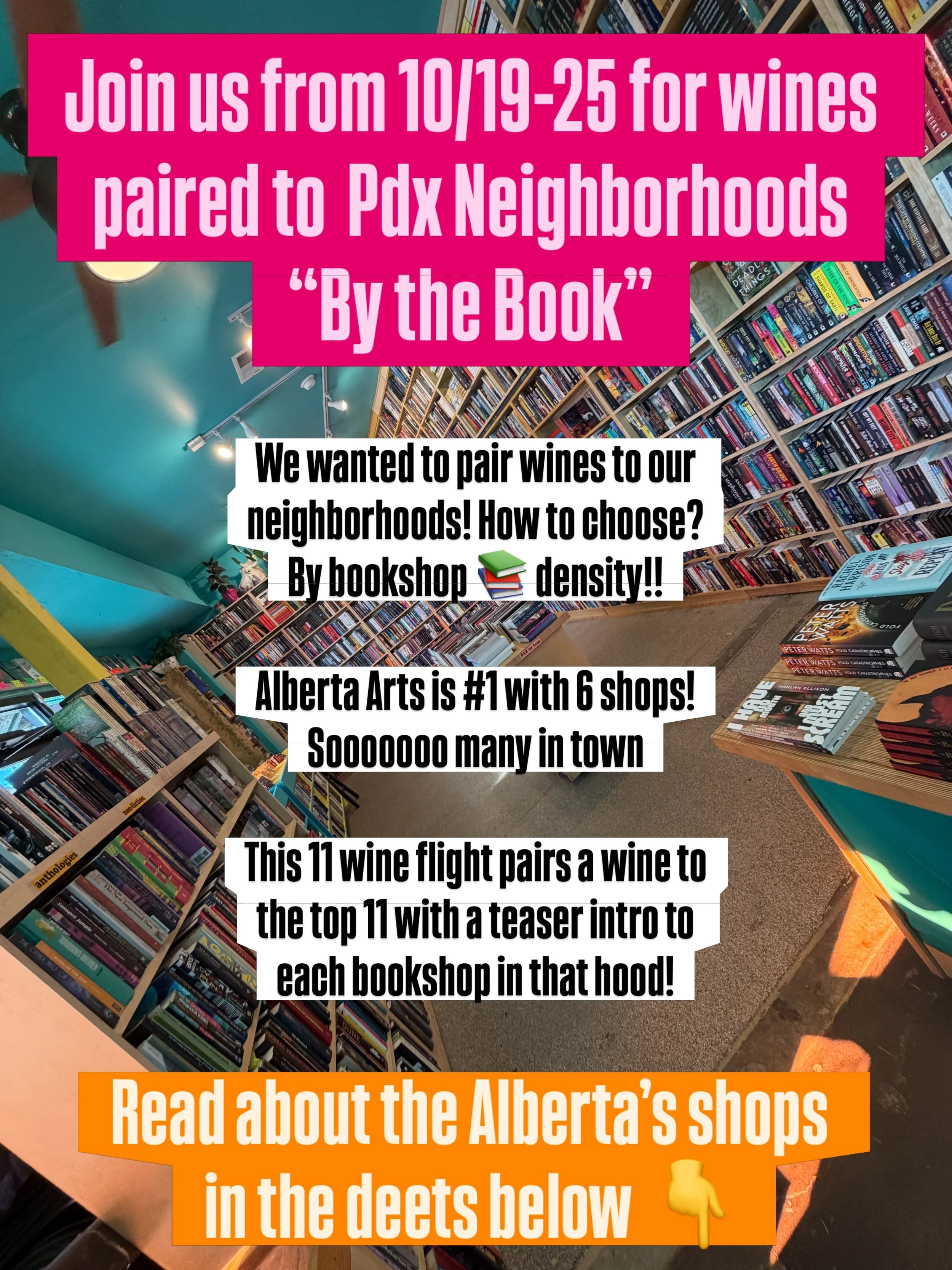 10/19&ndash;25
Pdx Neighborhoods Wine 🍷 Flight
Based on bookshop density

We love Portland. We love Books. We love Small Business!

Join us for this Pairings Portland (24th &amp; Glisan NE) Wine Flight honoring all 3. BTW Pairings has been around si
