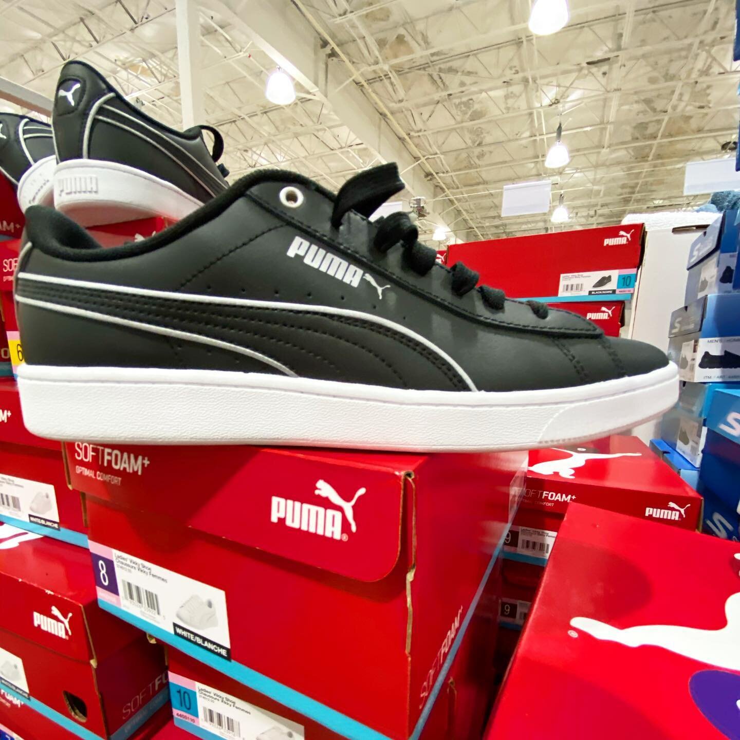 Ladies &amp; Men&rsquo;s Sneakers from @puma - swipe for ALL of the photos! Ladies came in black &amp; white made with a soft foam insole. Sizes 5-10 Price $39.99 Men&rsquo;s came in black and white. Sizes 8-12. Price $39.99 📍Check your warehouse fo