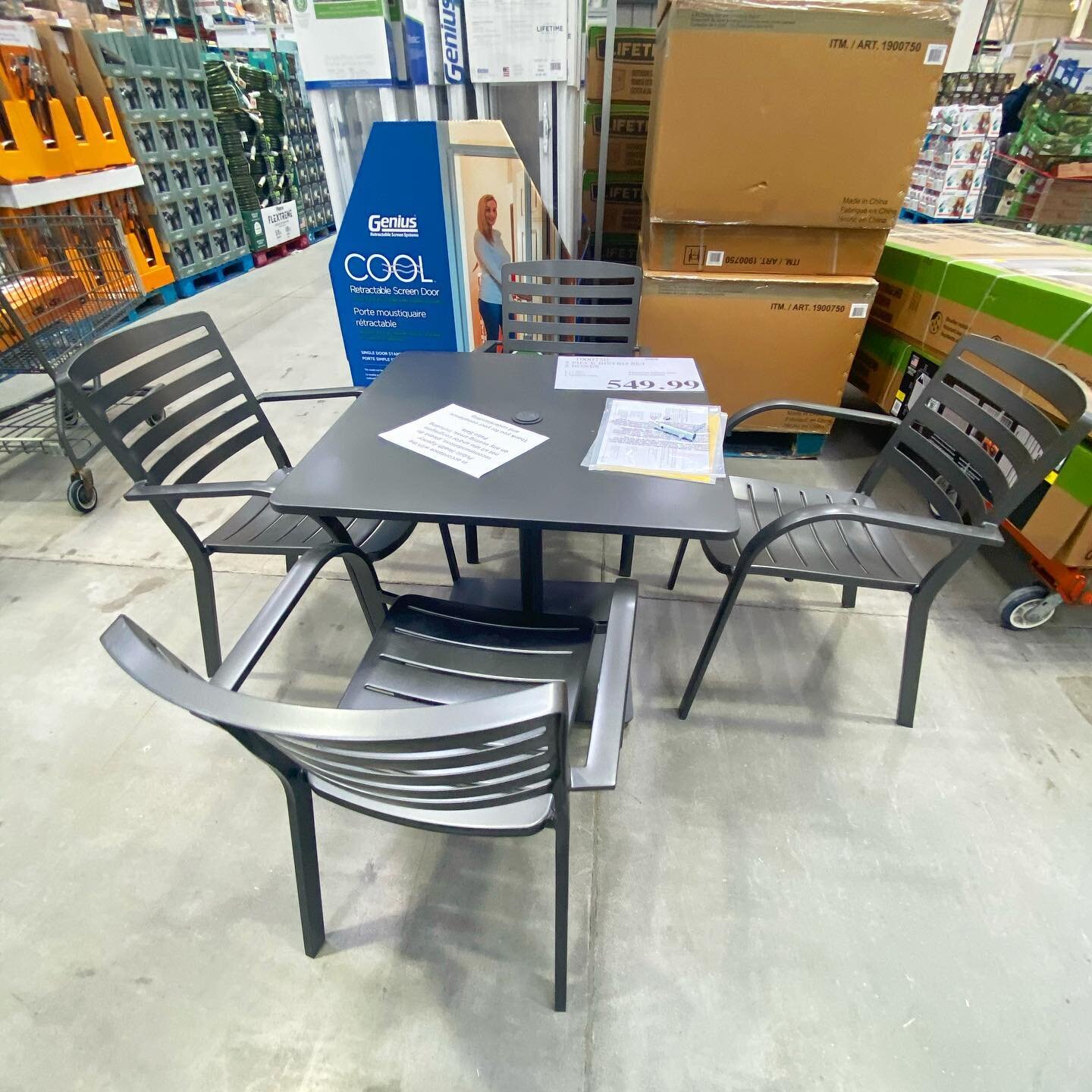 5 Piece Bistro Set!! Made from aluminum, you get 4 chairs and one table. It also has an integrated umbrella stand. Price $549.99 📍Newmarket 
#costco #costcofindscanada #costcofinds #costcohaul #costcobuys #costcodelights #costcodeals #costcowholesal