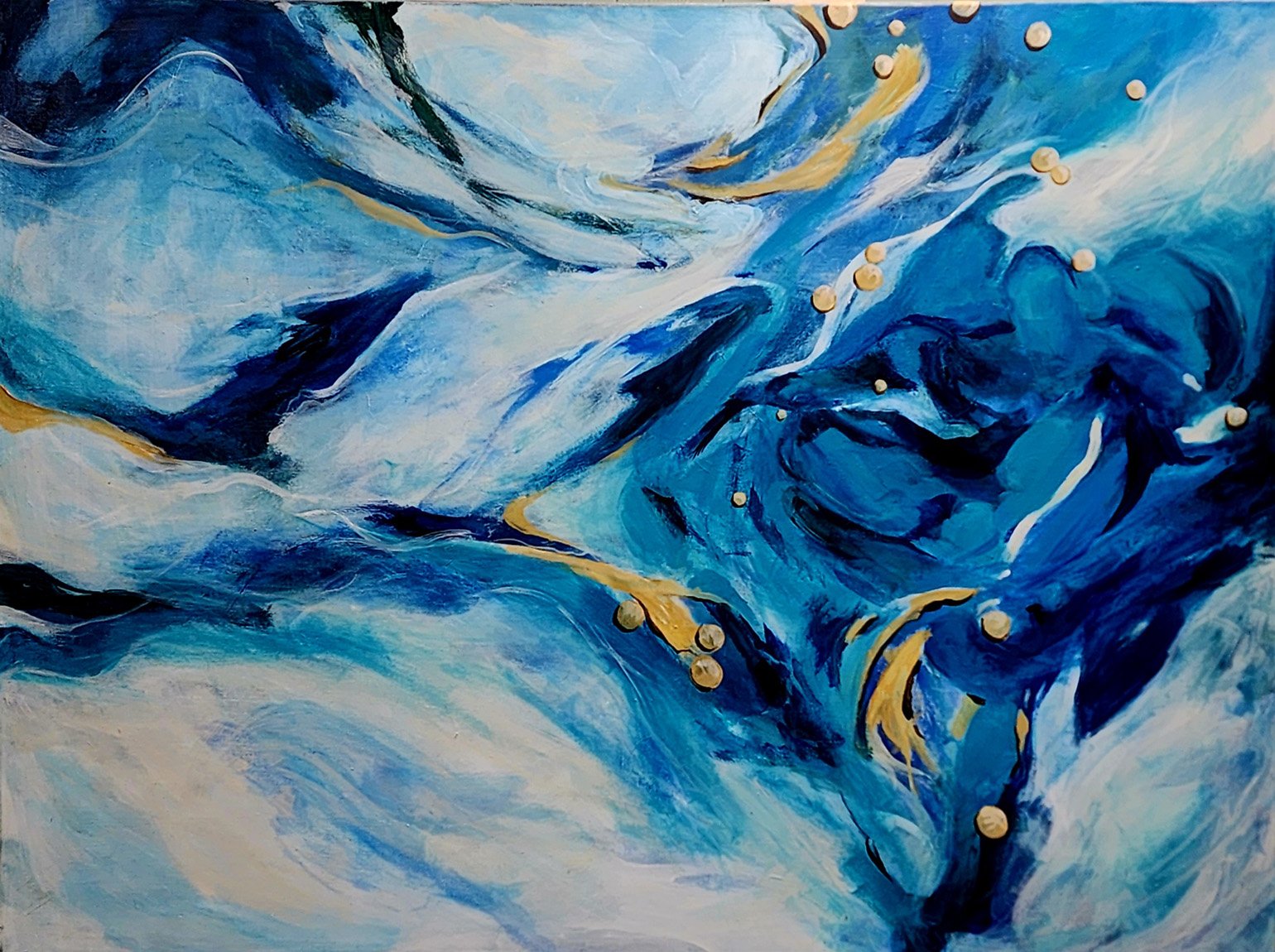 Blue white and gold swirling abstract painting