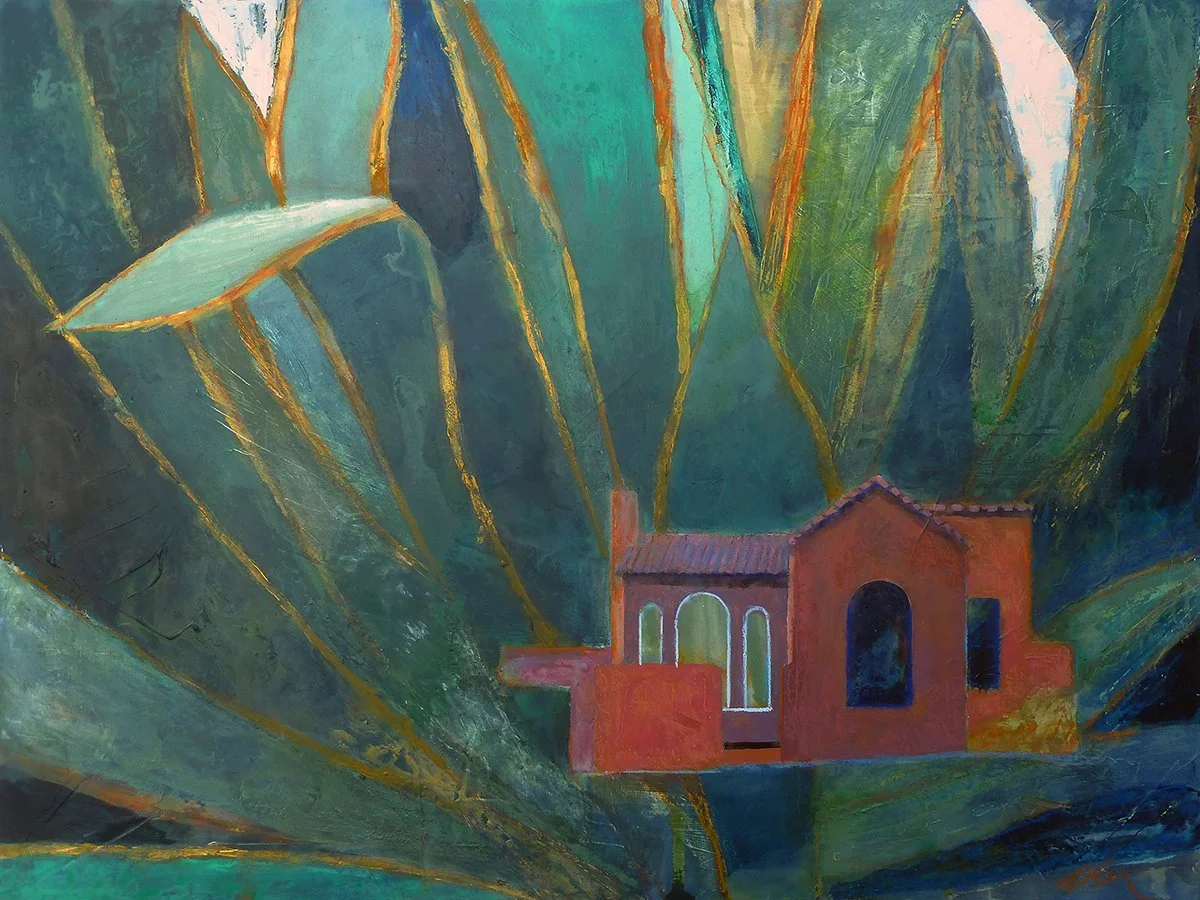 A painting of a small, brick house with arched windows set amidst large green leaves with gold outlines.