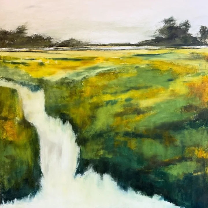 A landscape painting of a waterfall flowing into a river surrounded by green and yellow fields with trees in the distance under a cloudy sky.