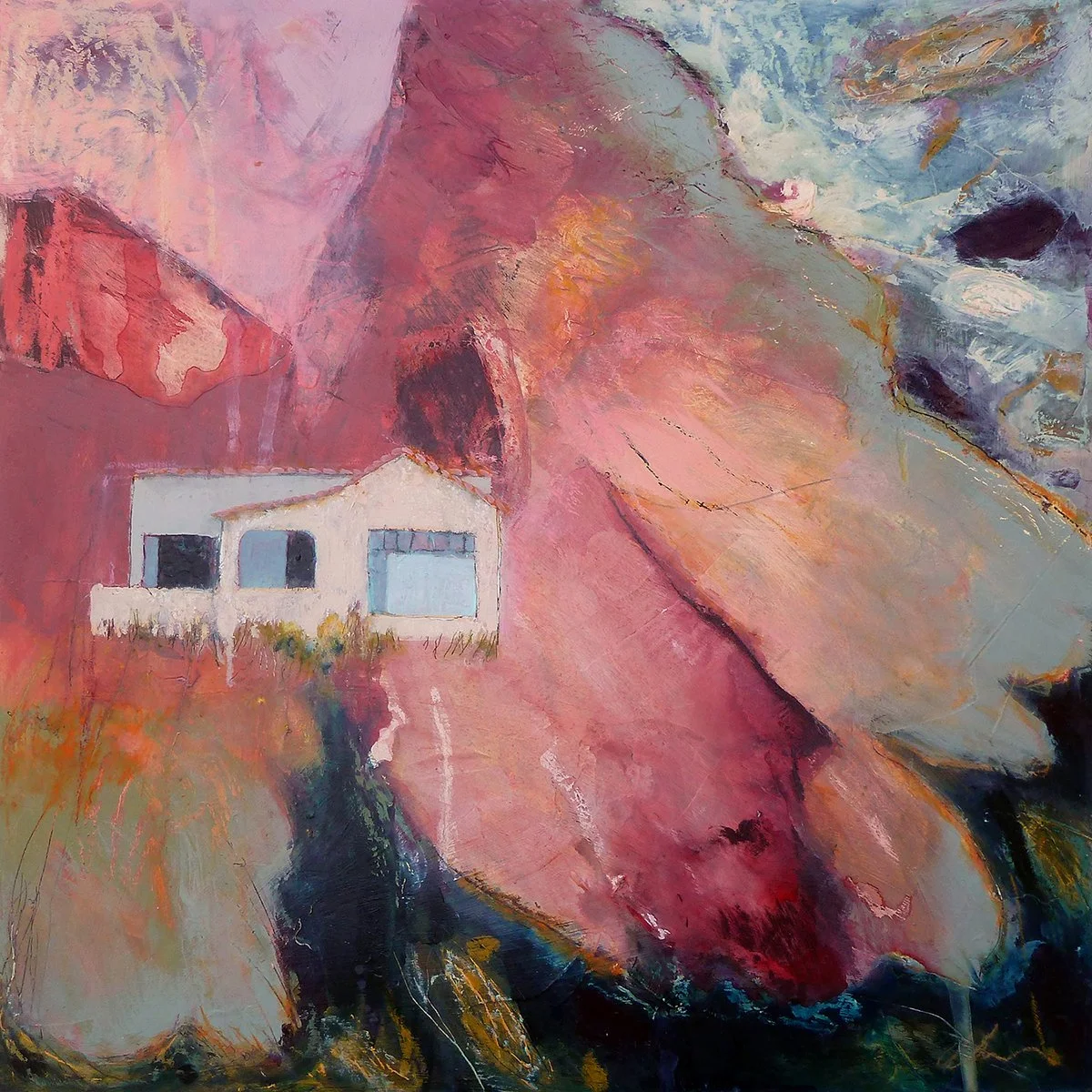 Abstract painting featuring a small white house with a red roof, set against a background of pink, orange, and blue brushstrokes.