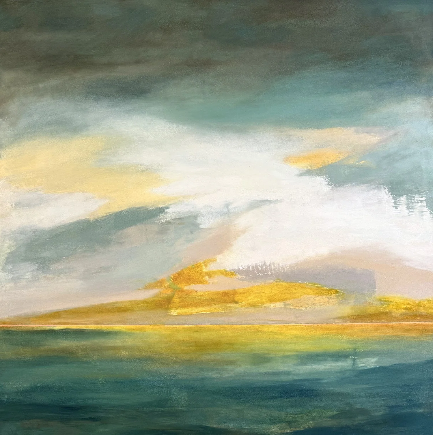 Abstract landscape painting with a yellow and orange horizon, blue and green sky, and water in the foreground.