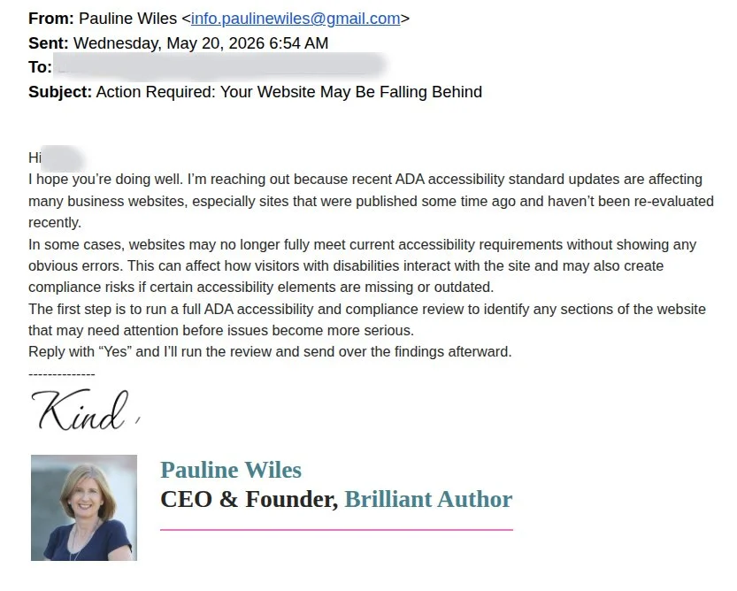 Scam email impersonating a website designer