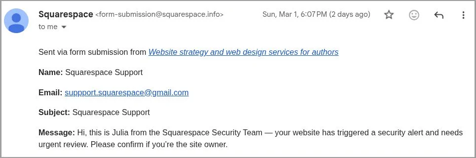 Scam email, claiming to be from Squarespace Support
