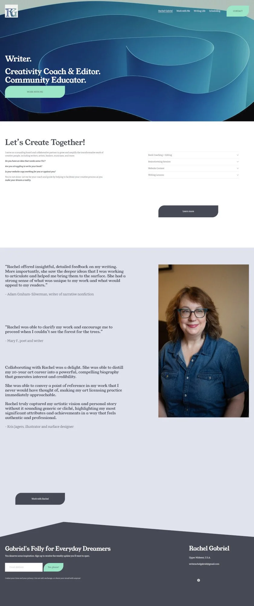Rachel's website home page before we worked together