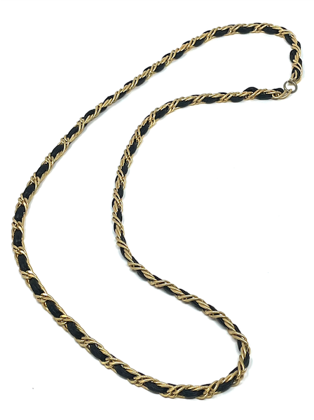 Vintage Braided Black Leather And Gold-tone Chain Necklace  display picture 2