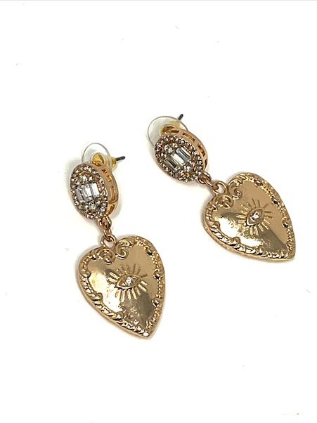 Rhinestone And Gold Hearts Dangle Earrings
