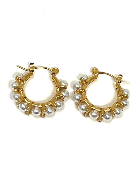Gold Hoop Earrings With Pearls And Tiny Diamonds