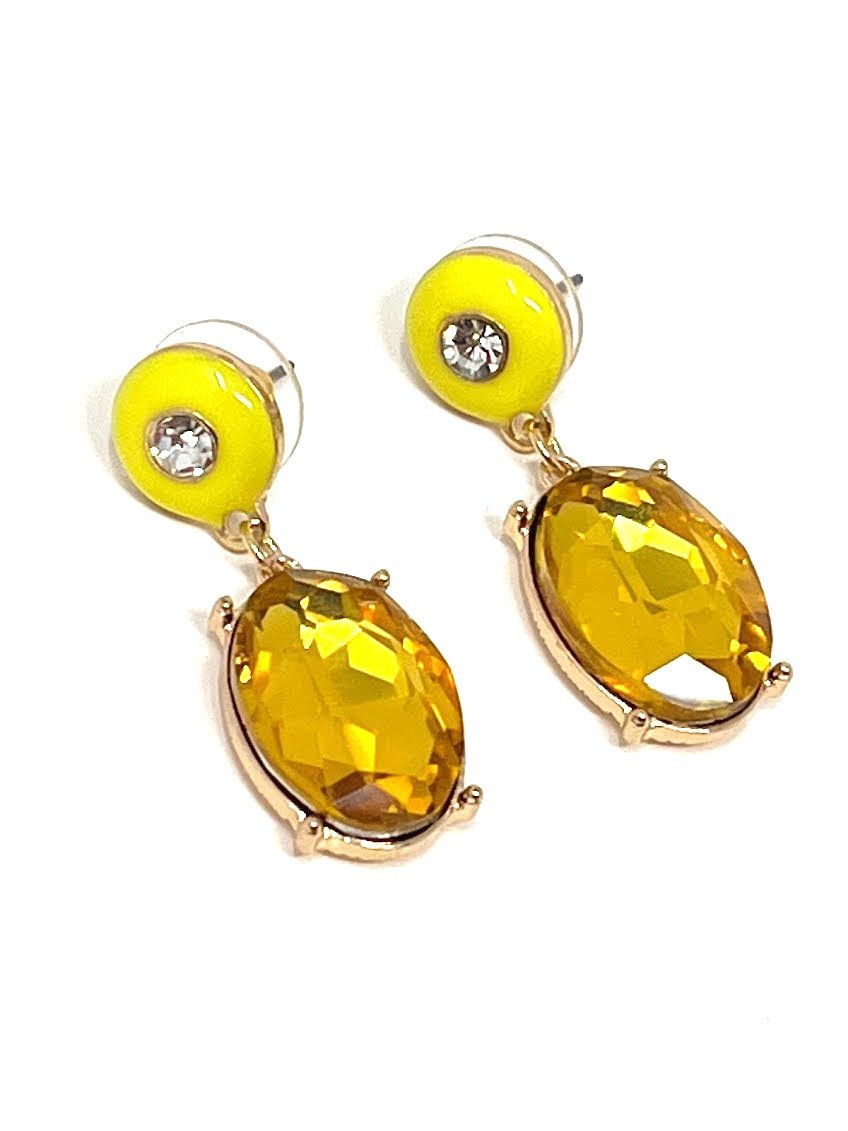 Citron Color Stones And Yellow Enamel Drop Earrings