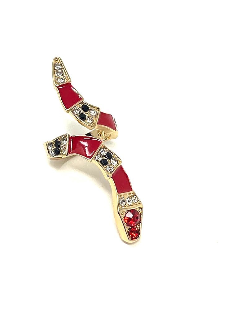 Red Enamel Snake Ring With Rhinestone Accents