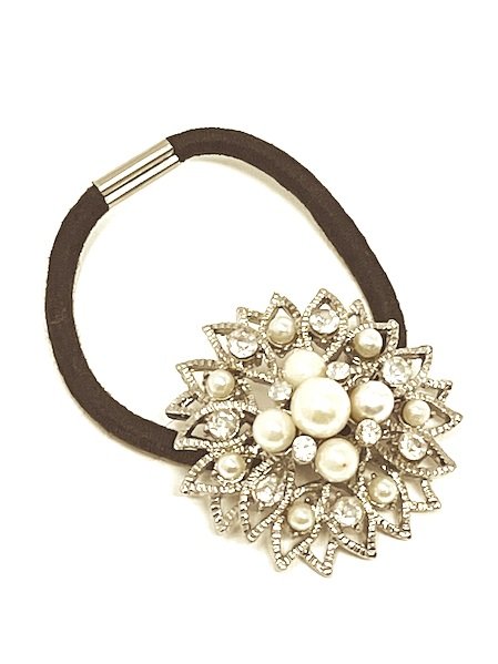 Silver Flower And Pearls Ponytail Holder