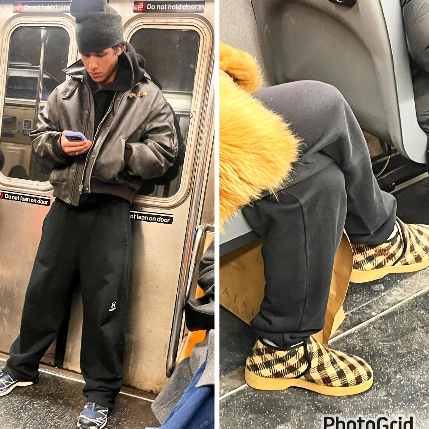 Two people I spotted recently on NYC transit looking tr&eacute;s chic!The young man&rsquo;s outfit was excellently casual, @balenciaga sweats, an amazing leather jacket with a fabulous gold brooch, great sneakers and a perfectly placed beanie. She wo