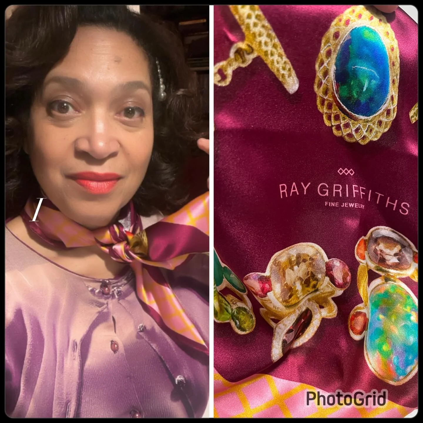 I LOVE my new @raygriffithsfinejewelry scarf! Gorgeous silk in a beautiful color palette and of course there are all those JEWELS! 💜💙🩷