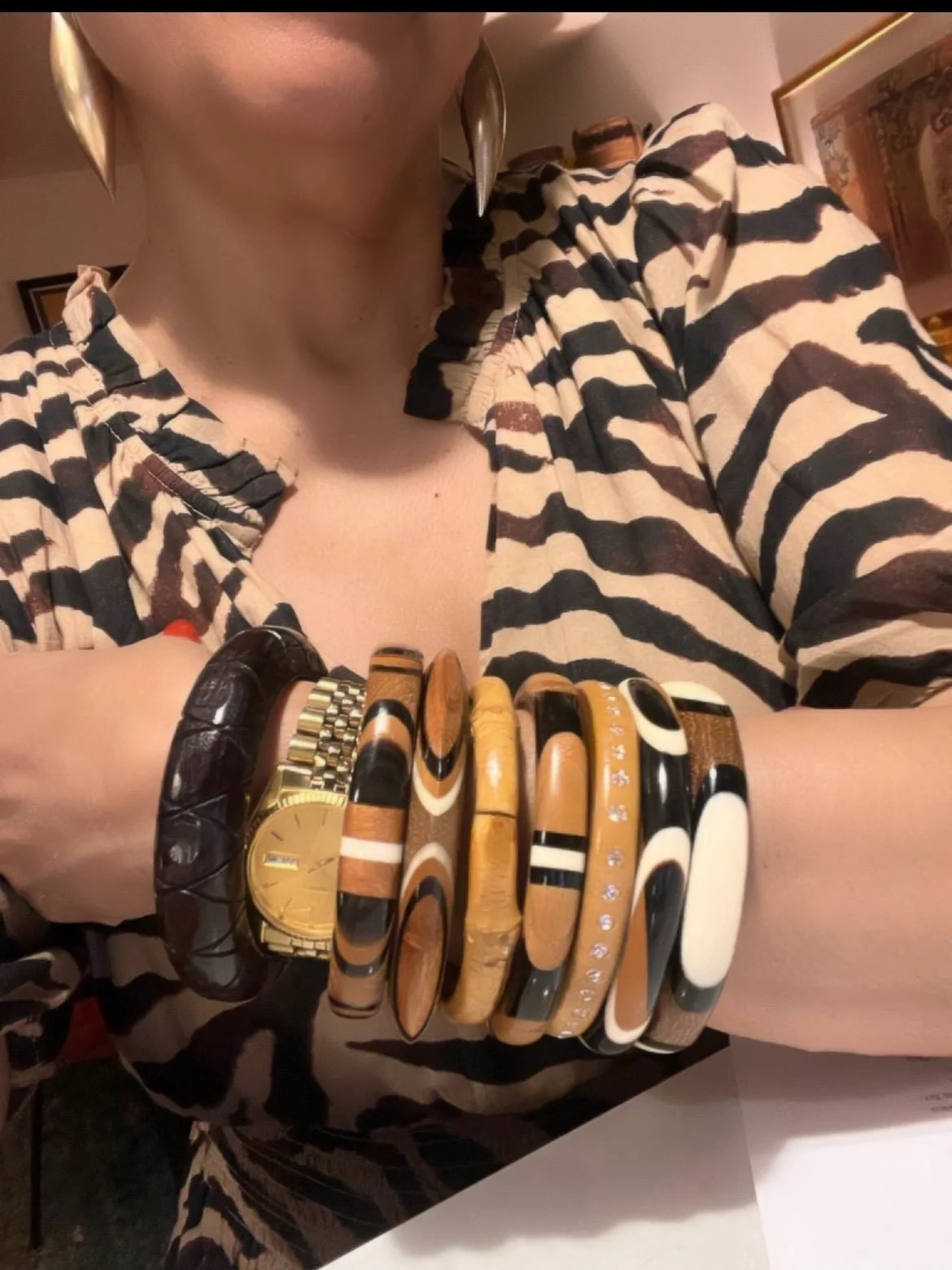 I&rsquo;ve got bracelets on the brain! I love a full stack of noisy bangles with every outfit. 1st photo features wooden bangles bought years ago in Indonesia. 2nd photo is an eclectic stack worn by my seat mate on the 23rd street crosstown bus (I me