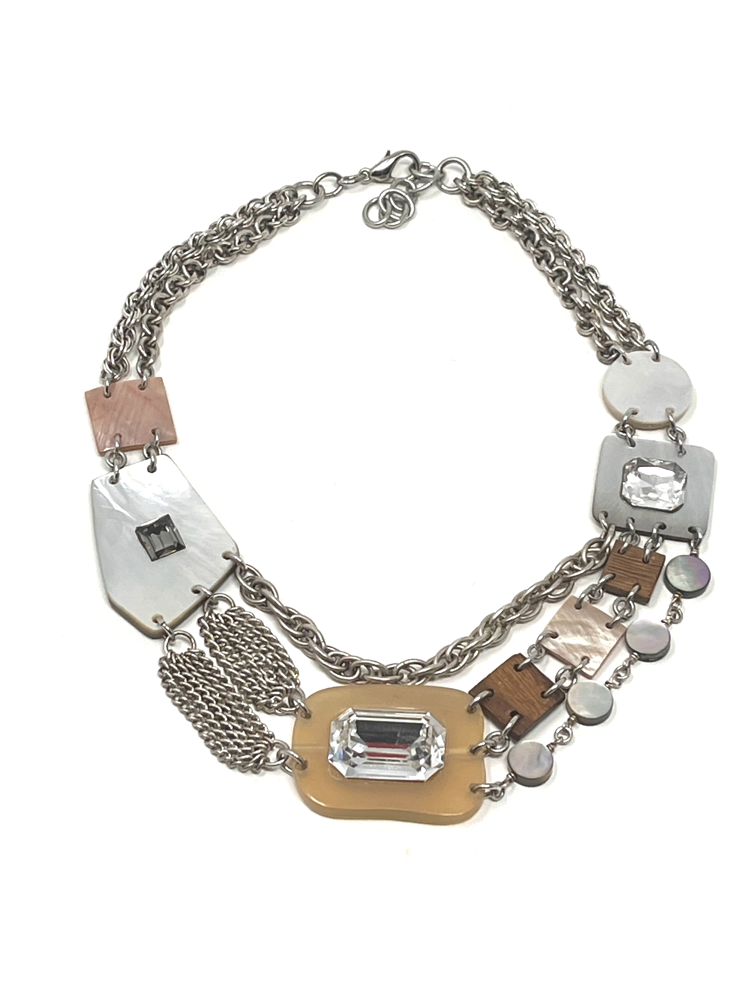 Vintage Connie Bates Necklace with Metal Chains, Crystals & Shell Accents