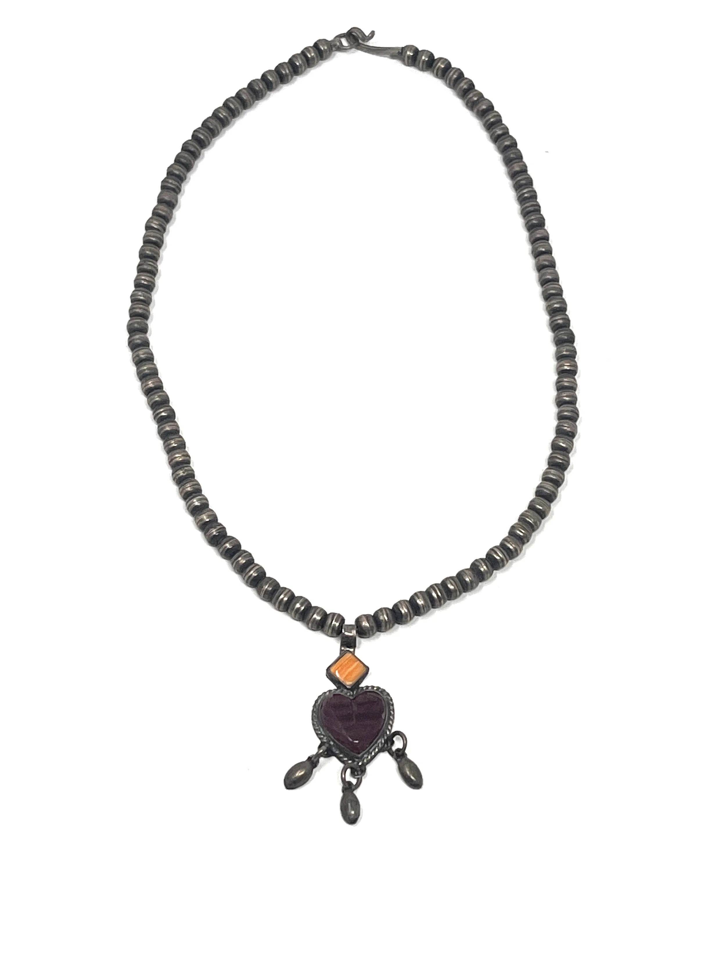 Vintage Silver Beads Necklace With Heart Pendant