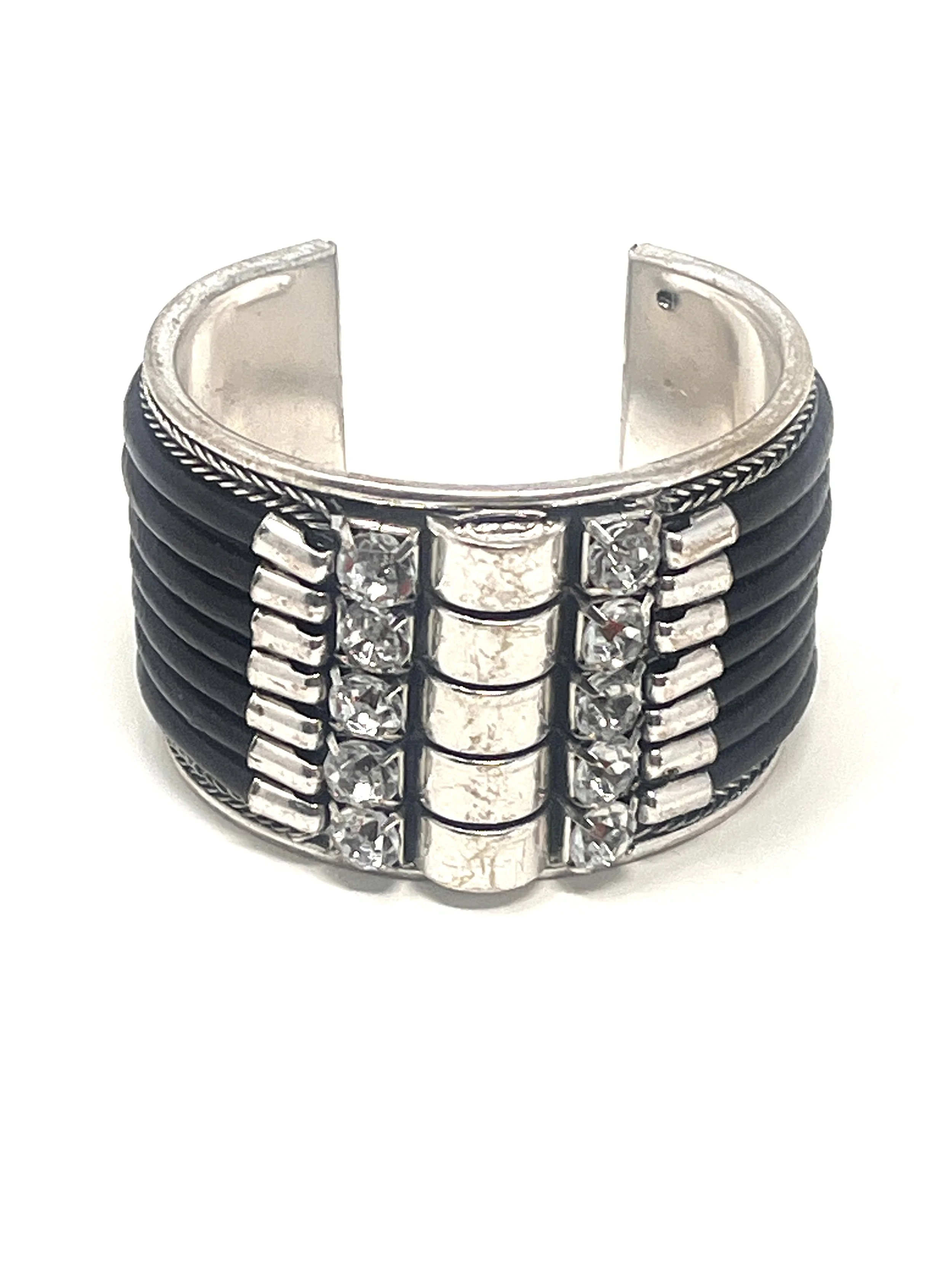 Silver Cuff With Leather and Crystal Accents