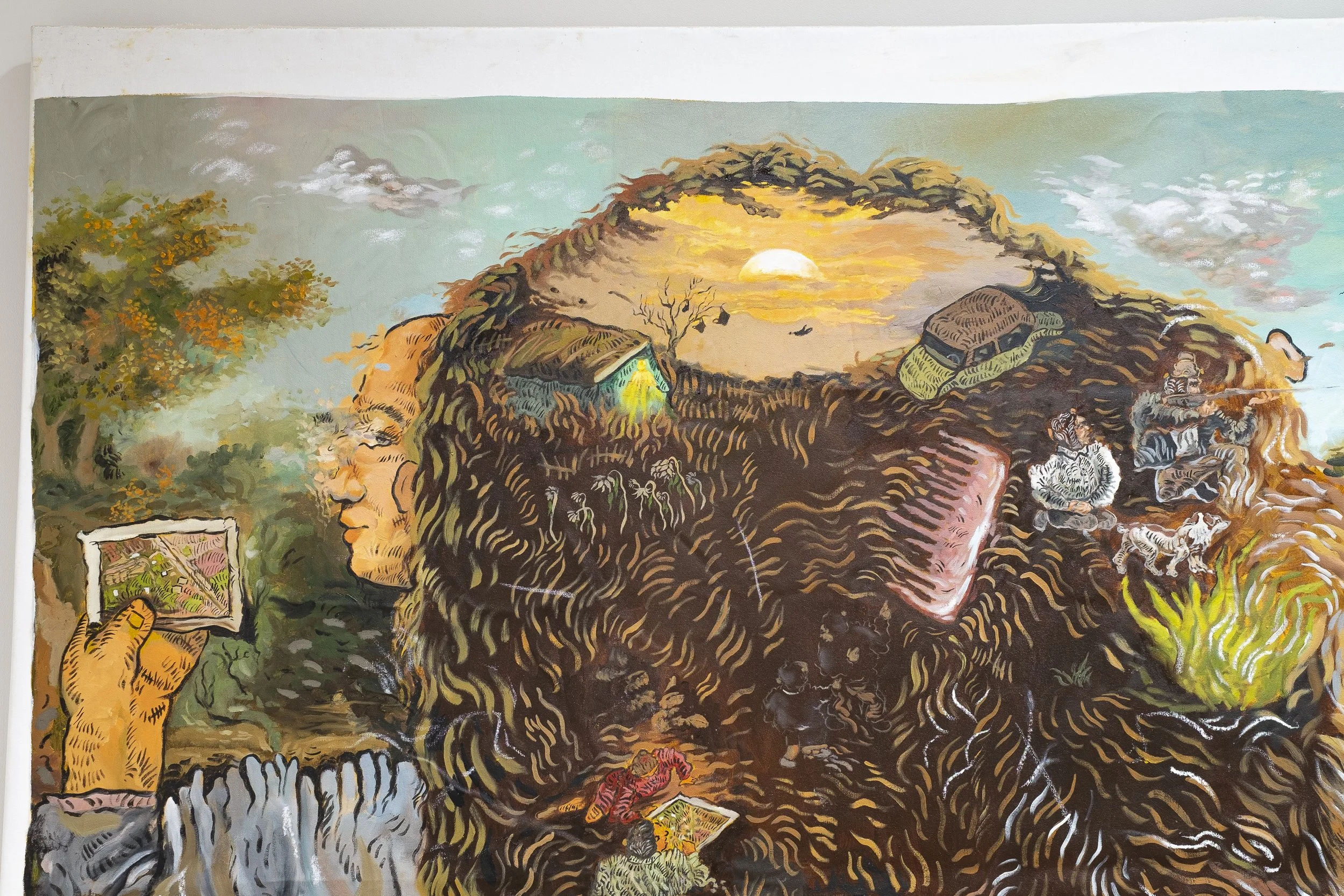 Detail. Ali Eyal. Paper, pen, map in a pocket and, 2023. Oil and conté on canvas. 84 x 132 inches.