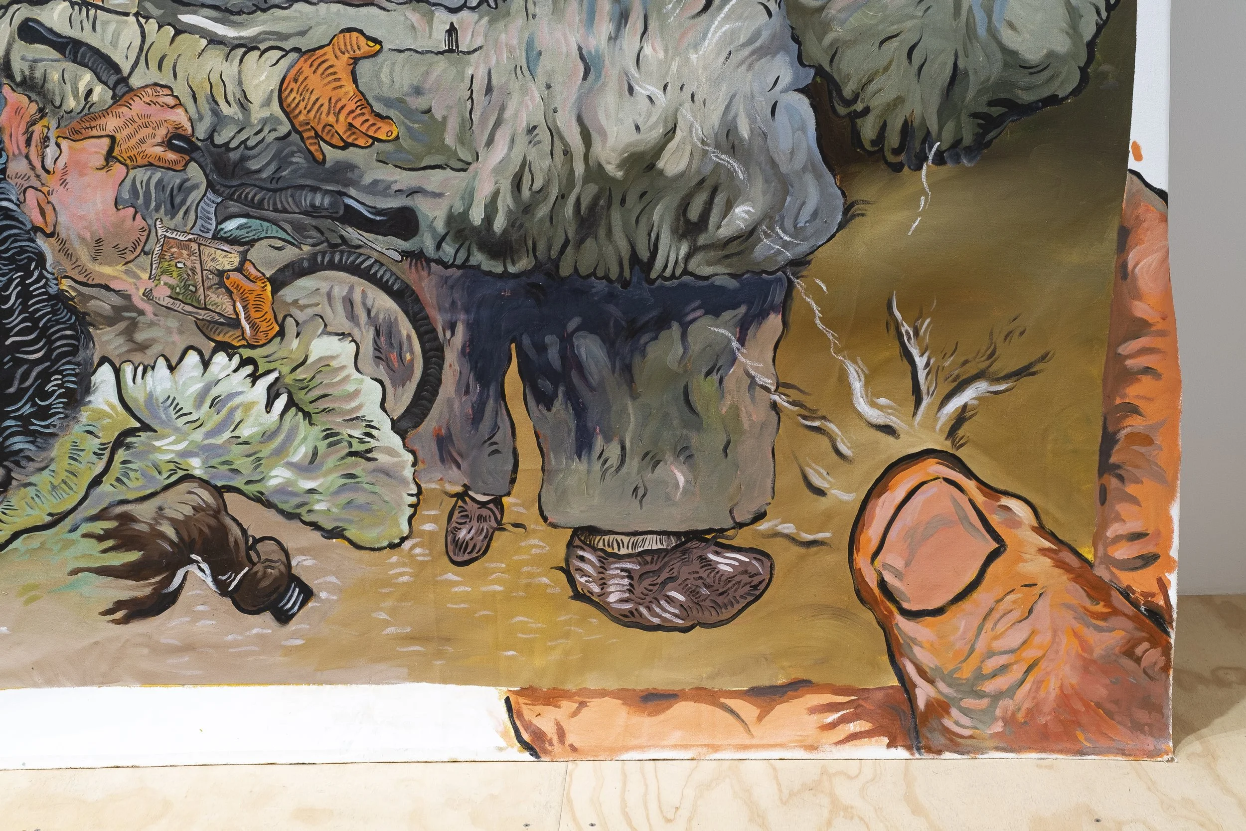 Detail. Ali Eyal. Paper, pen, map in a pocket and, 2023. Oil and conté on canvas. 84 x 132 inches.