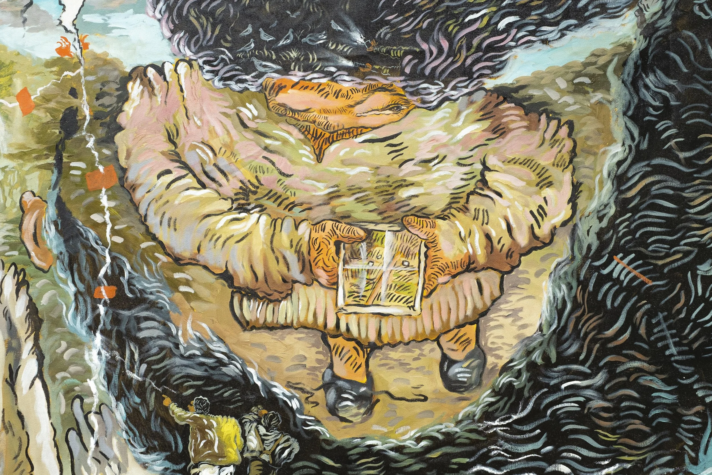 Detail. Ali Eyal. Paper, pen, map in a pocket and, 2023. Oil and conté on canvas. 84 x 132 inches.