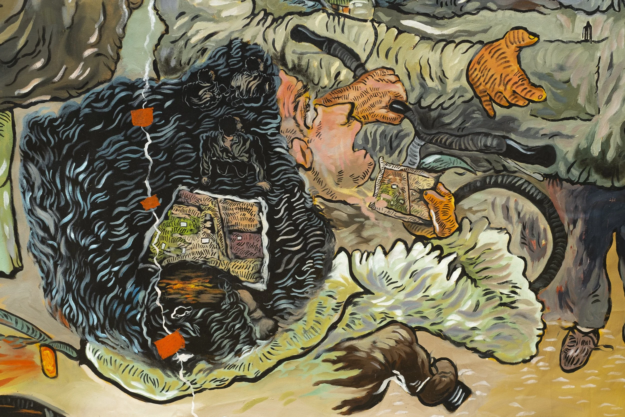 Detail. Ali Eyal. Paper, pen, map in a pocket and, 2023. Oil and conté on canvas. 84 x 132 inches.