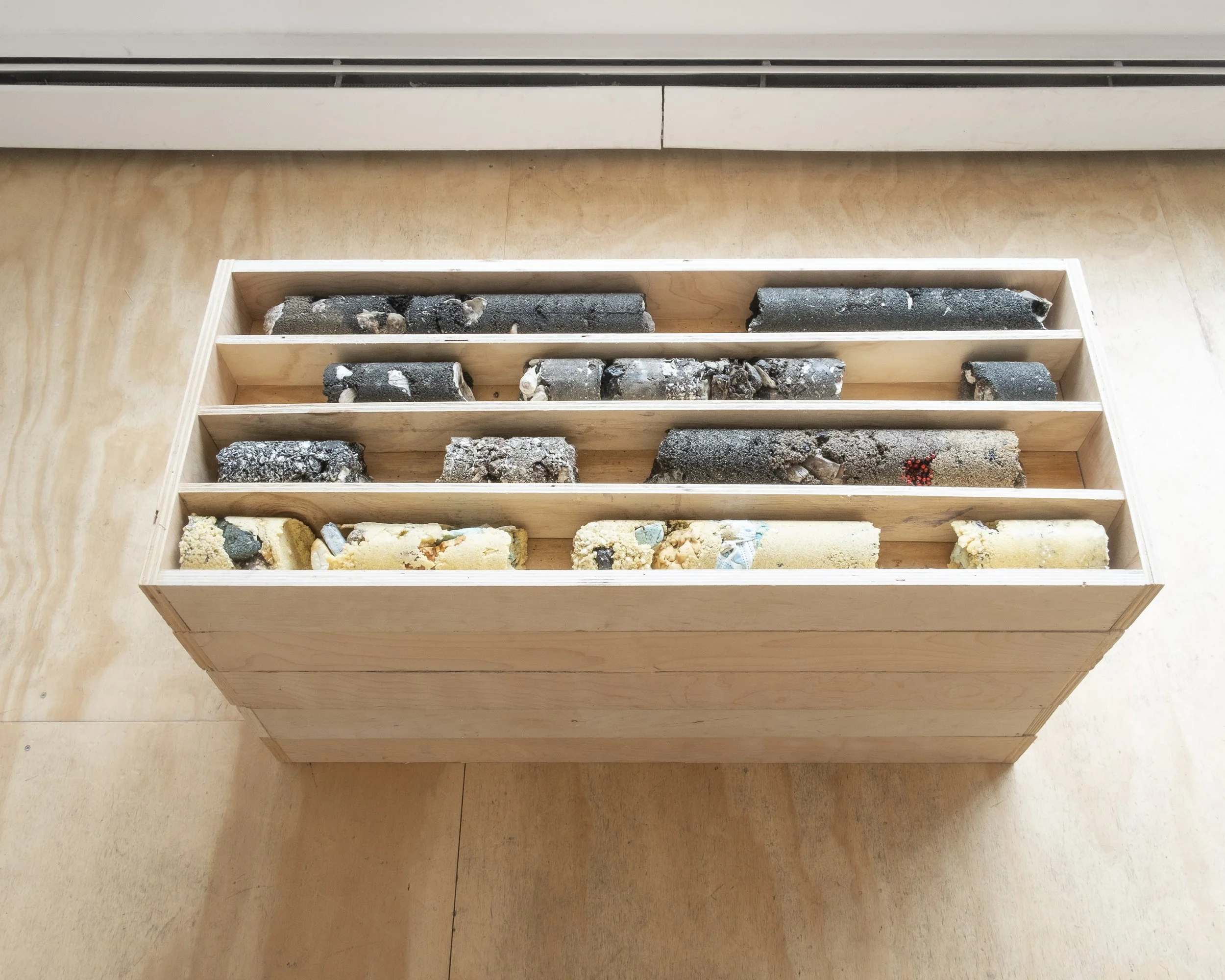 Detail. Simon Benjamin. CORE, 2021. Cornmeal, sand, beach detritus, non-toxic resin, plywood. 17 x 14 x 38 inches.