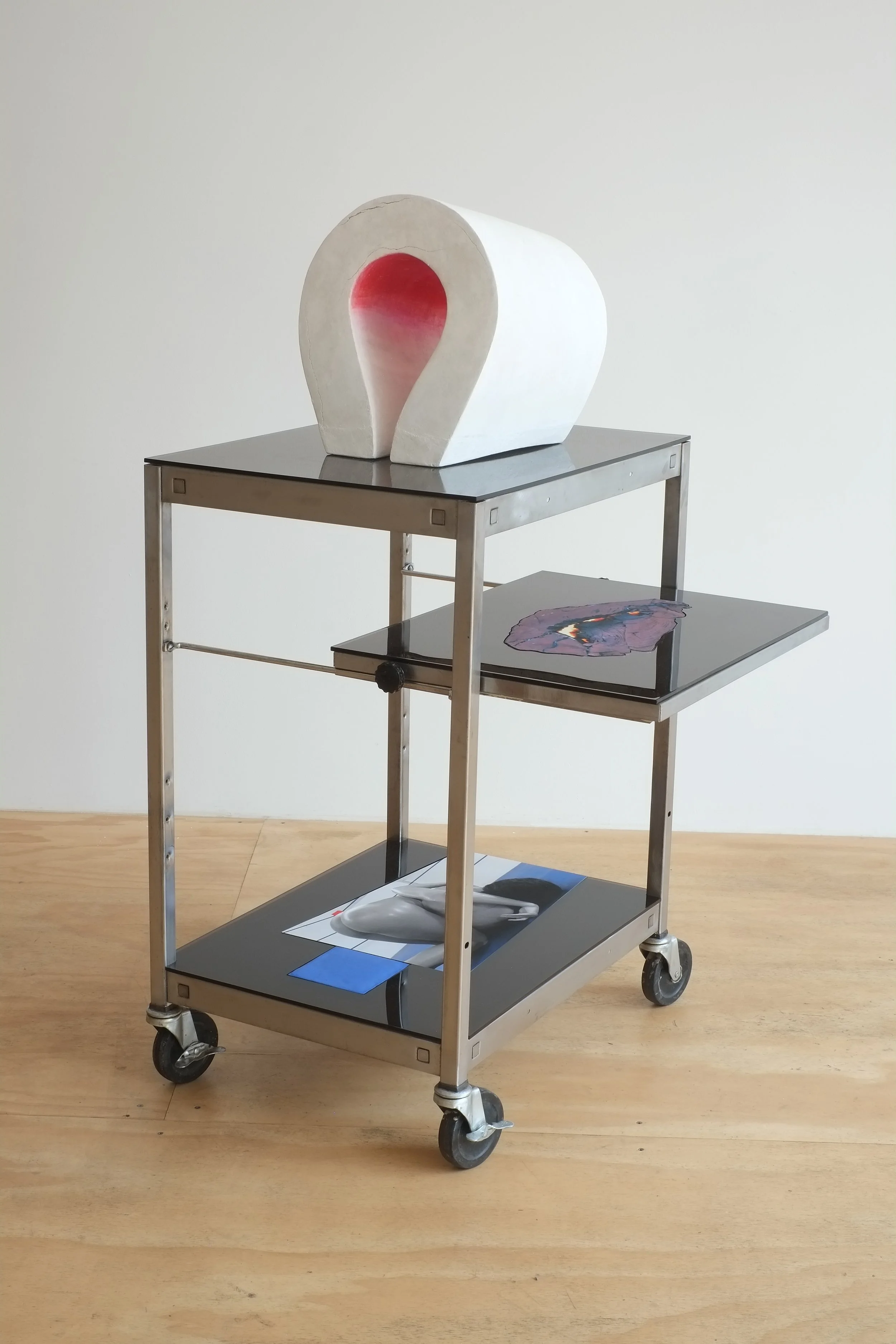 Sarah Anderson. Nude #5, 2022. Fresco object, steel cart, plexiglass, inkjet print, aqua resin. 27 x 25 x 45 inches.