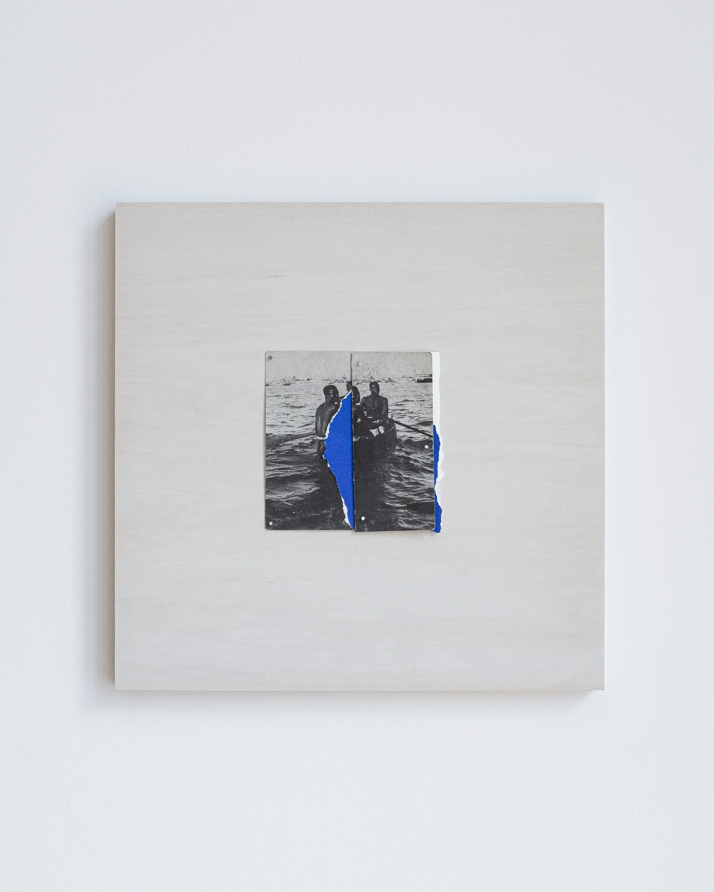 Simon Benjamin. Native Divers, Blue No. 1, 2023. Archival Pigment Print, Acrylic, Nails, Wood Panel. 12 x 12 inches.