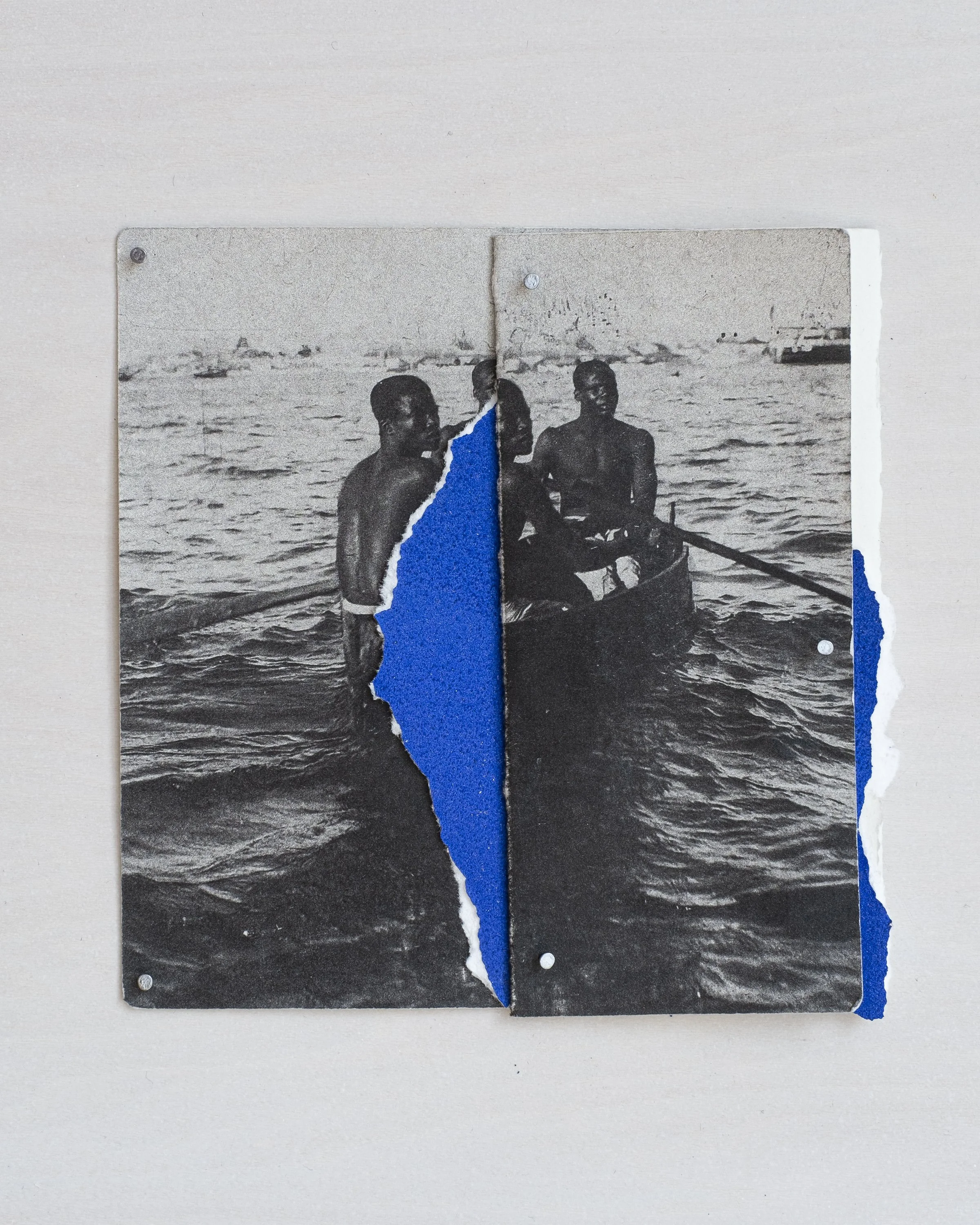 Simon Benjamin. Native Divers, Blue No. 1, 2023. Archival Pigment Print, Acrylic, Nails, Wood Panel. 12 x 12 inches.